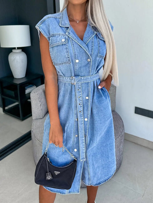 'Elara' Cap Sleeve Denim Dress - Celes Fashion